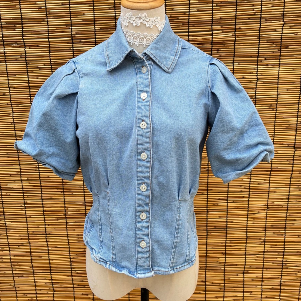 Bagatelle Collection Light Wash Denim Puff Sleeve Corset Top Small Short Sleeve